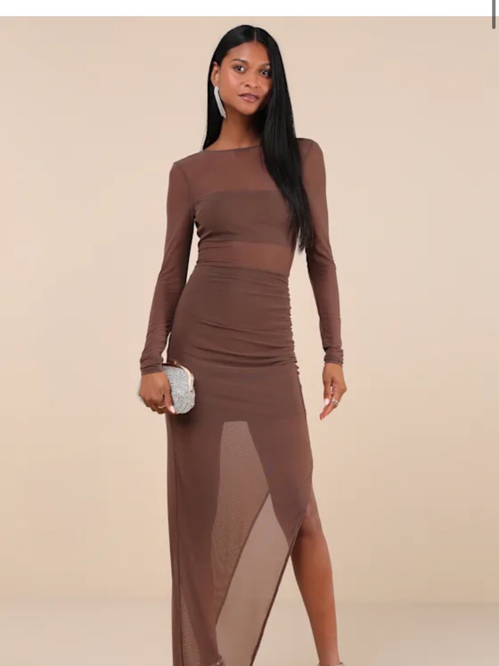 Lulu's Brown Long-Sleeve Sheer Panel Maxi Dress